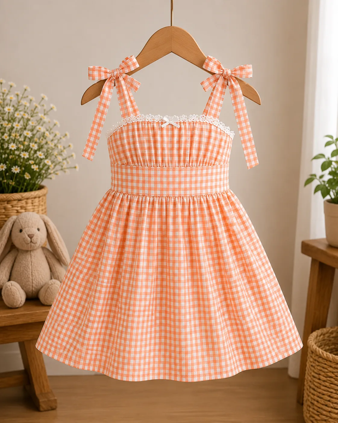 Apricot gingham daughter dress with bow straps and lace trim