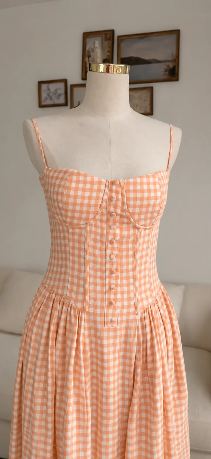 Apricot gingham mom midi dress with tie-bow straps