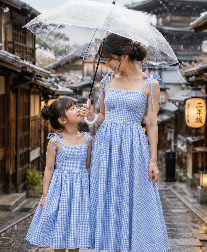 Mom and daughter in matching blue gingham — alt view
