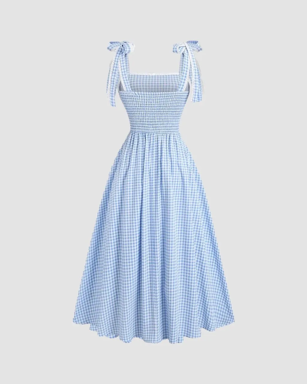 Blue gingham midi dress with smocked bodice