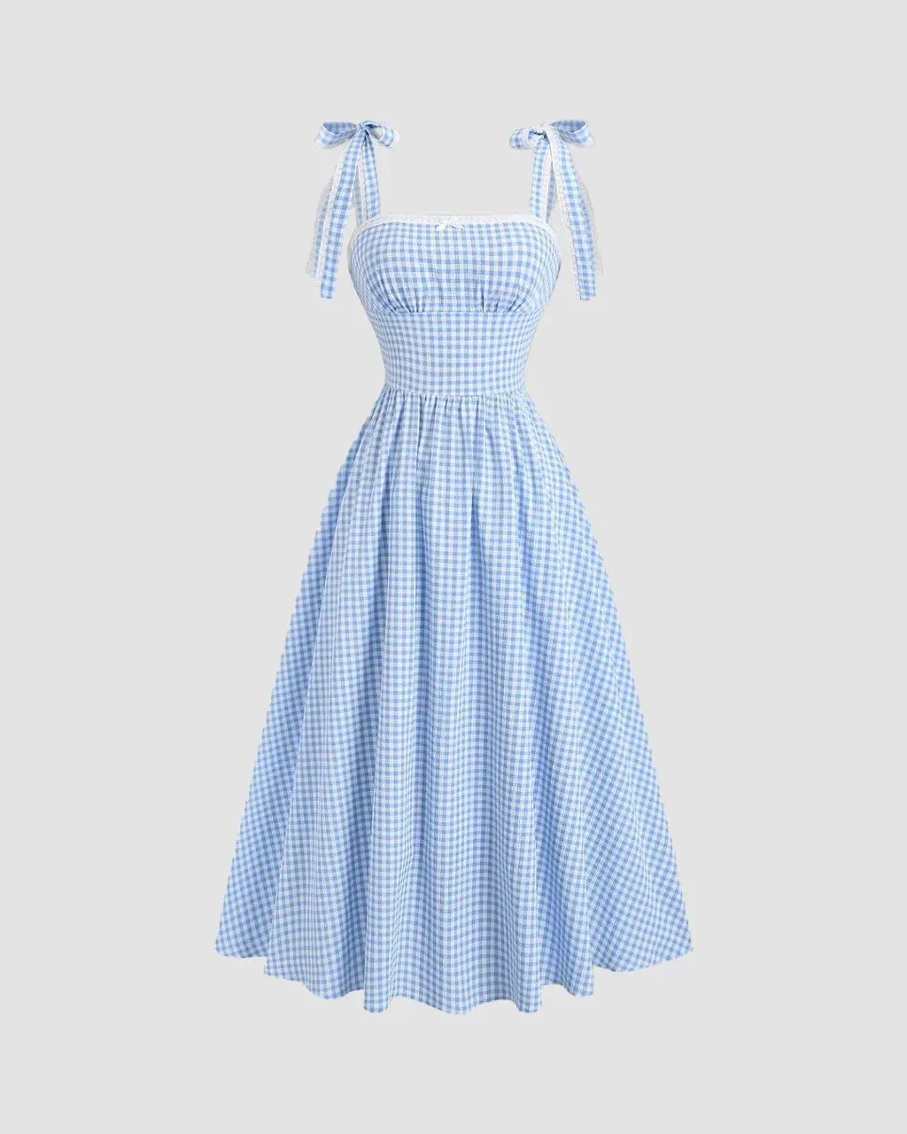Blue gingham midi dress with tie shoulder straps