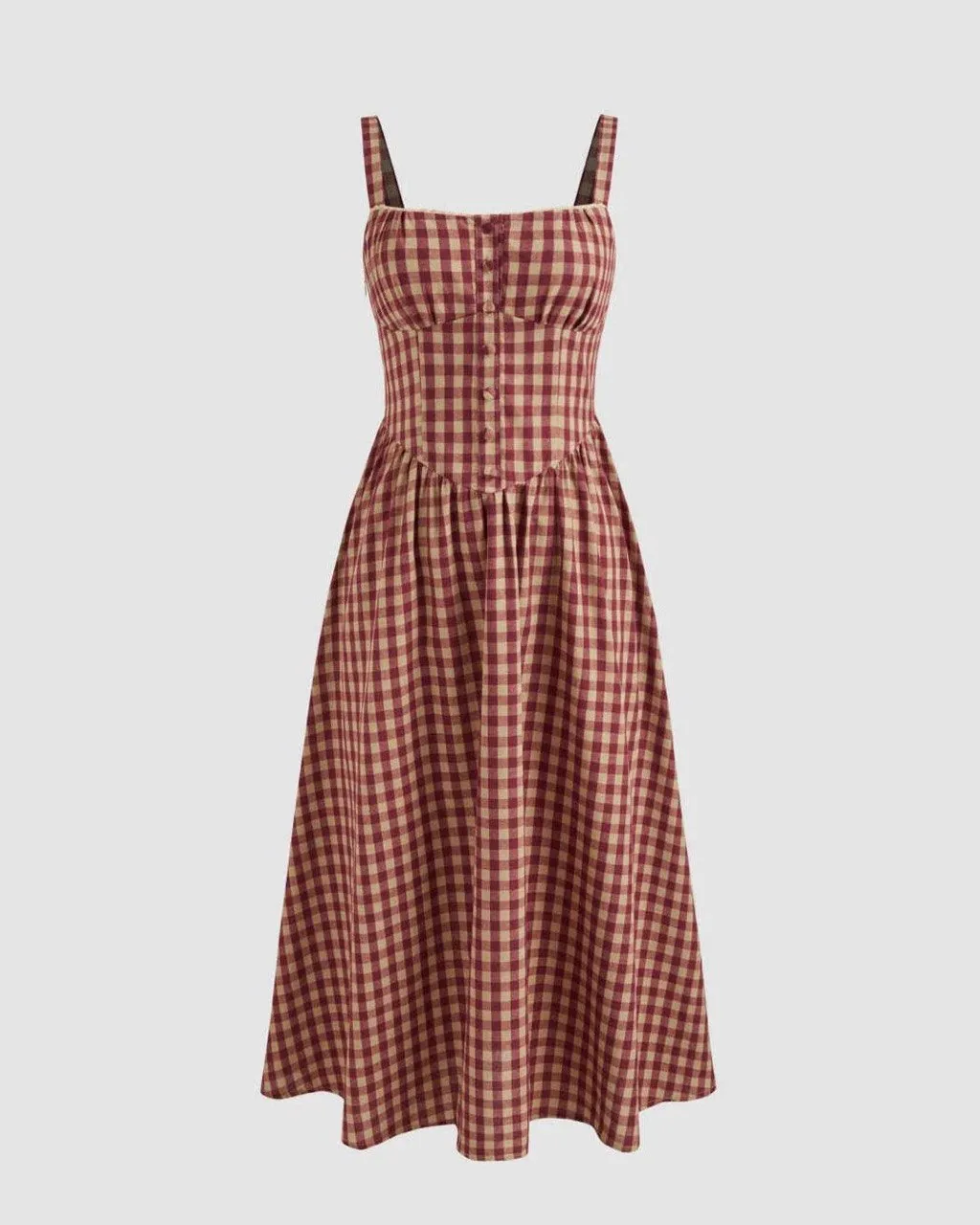 Burgundy gingham midi dress with button front