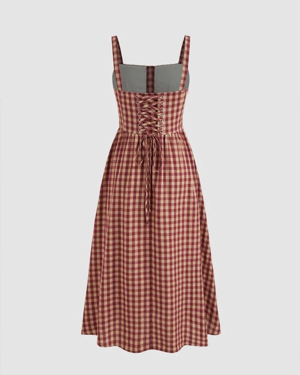 Burgundy gingham midi dress with lace-up back