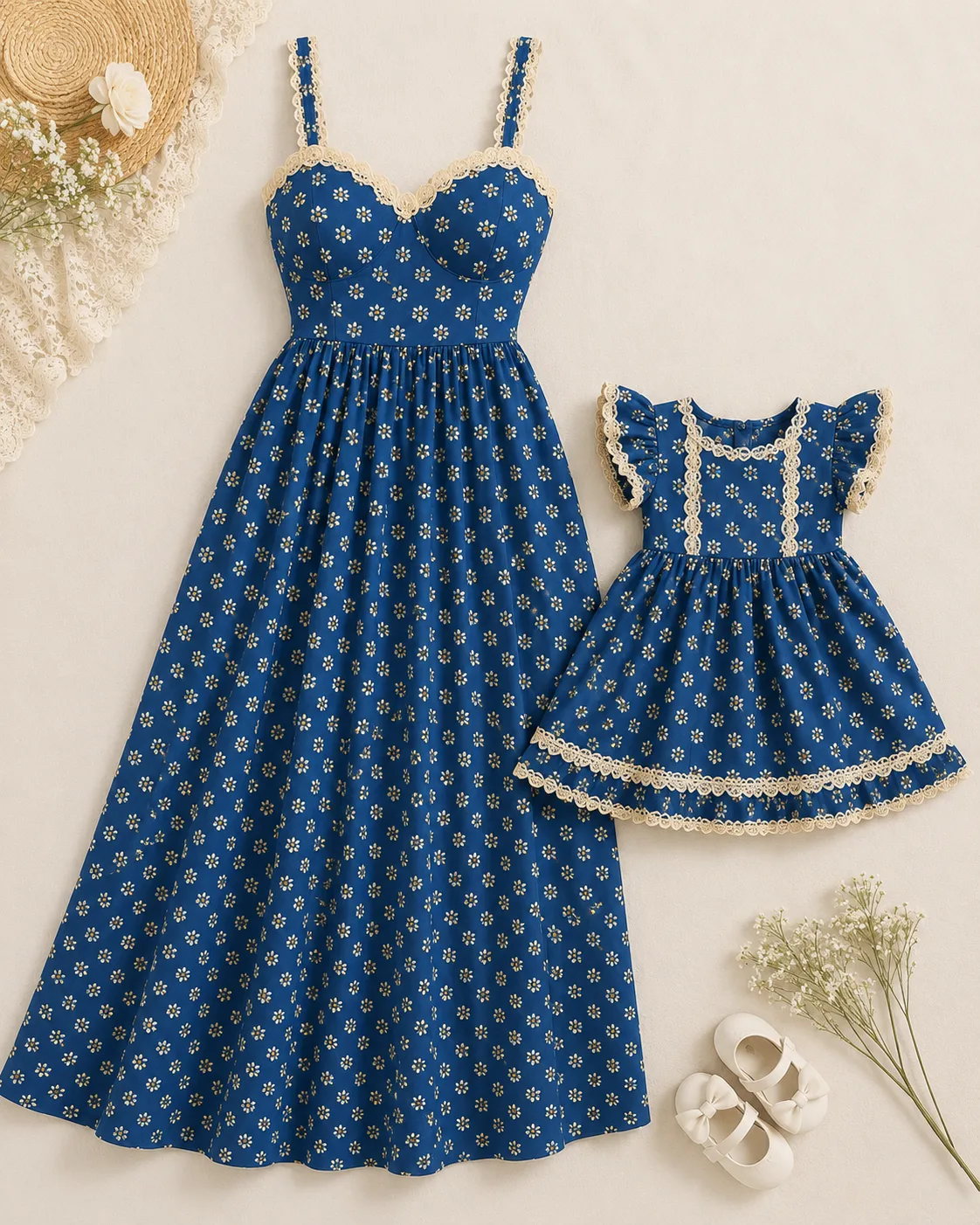 Indigo daisy-print mom and daughter dresses, flat lay
