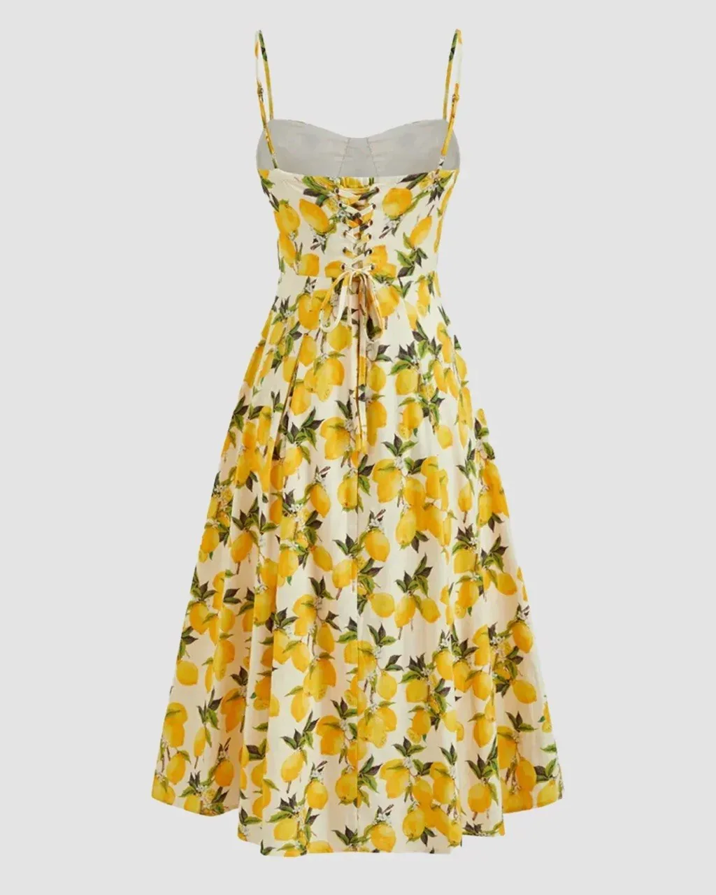 Lemon-print midi dress with lace-up bodice