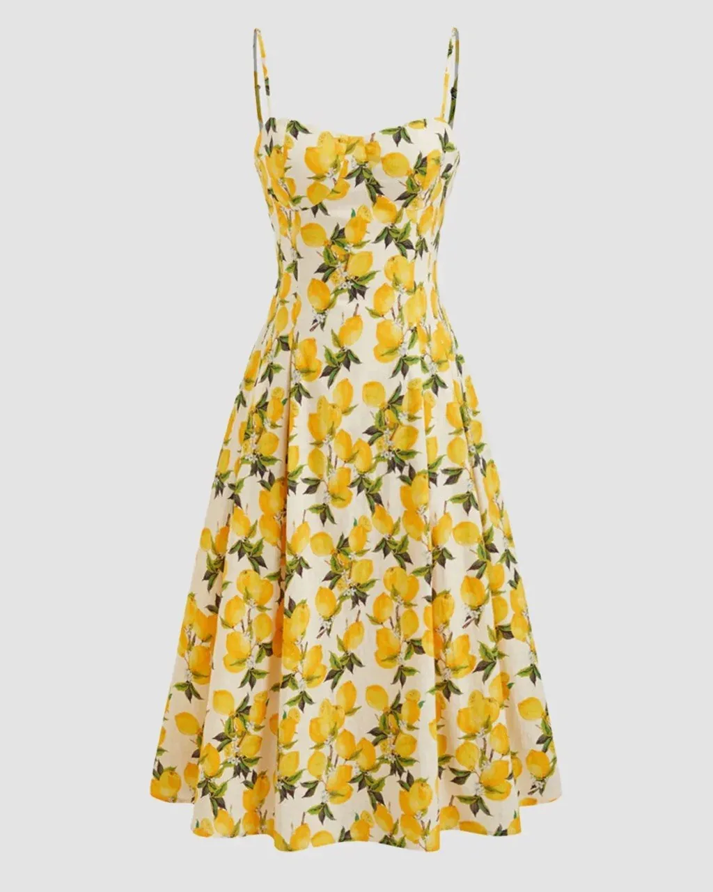 Lemon-print midi dress with sweetheart neckline