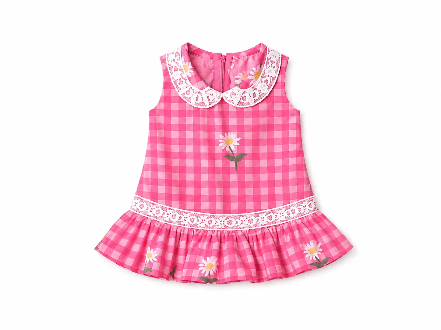 Pink gingham daughter top with daisy embroidery