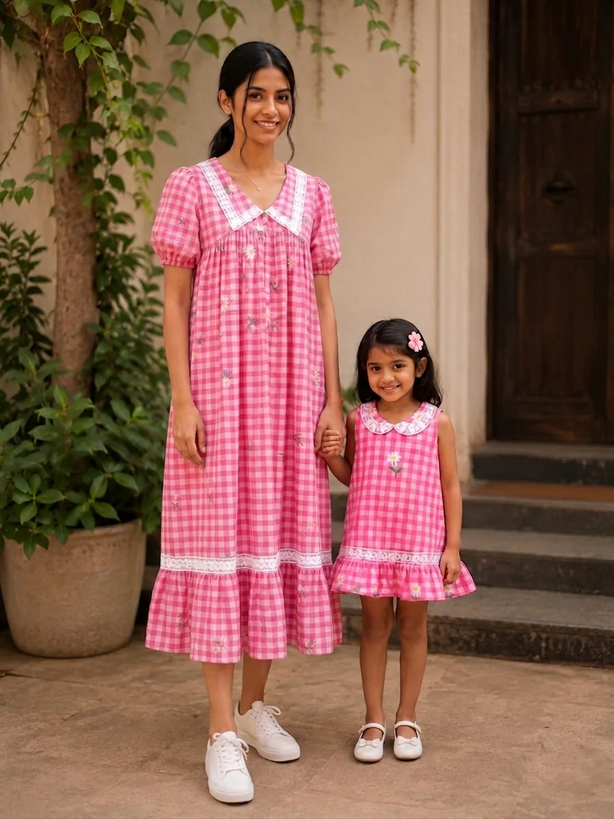Mom and daughter in pink gingham at doorway