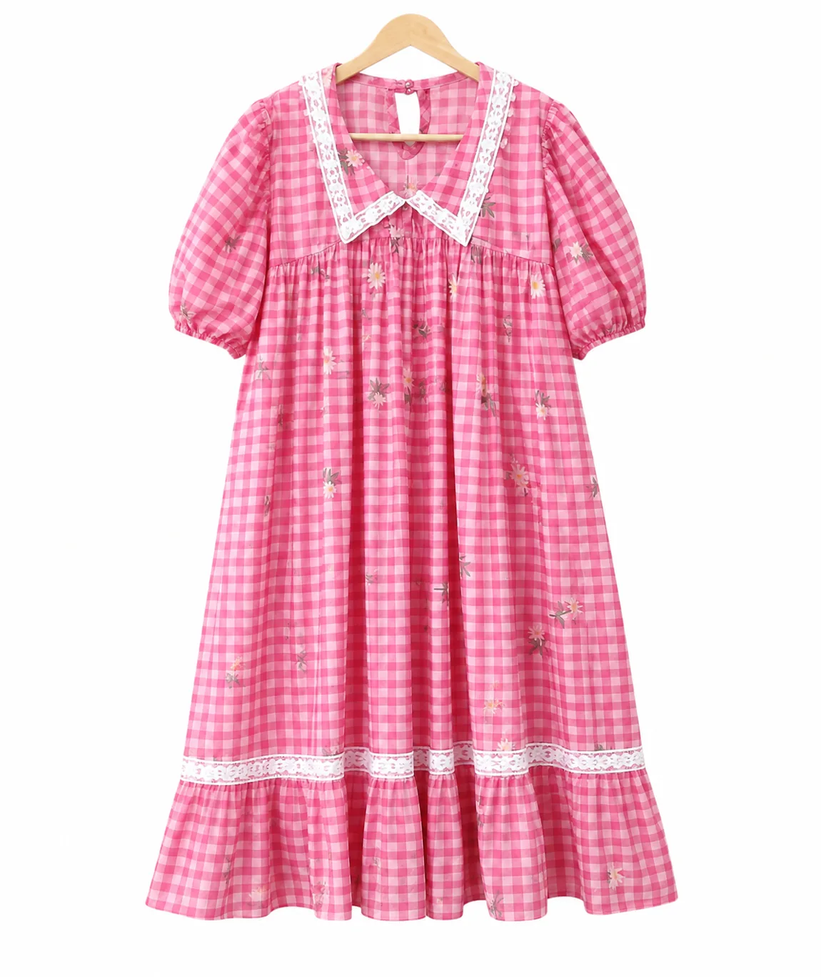 Pink gingham mom dress with lace collar
